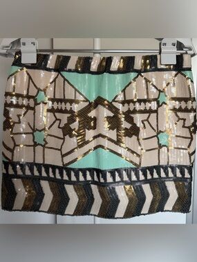 AKIRA Mint, Gold & Black Sequin Geometric Mini Skirt
